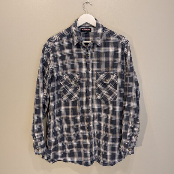 Workwear Flannel Shirt Blue White Plaid Heavy Duty Warm Fall Winter - Size L - Picture 1 of 8